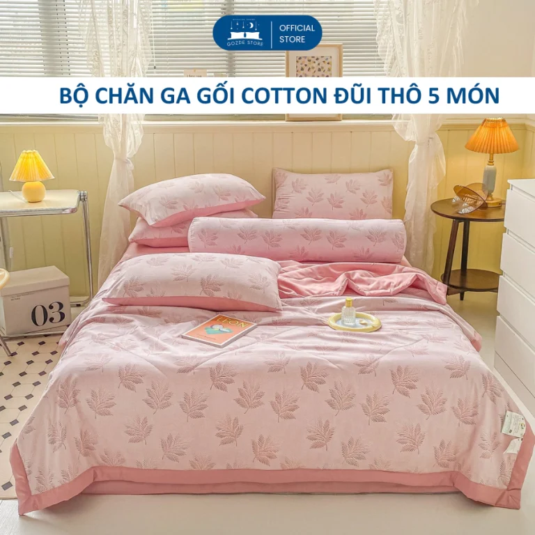 Set chăn ga gối 5 món họa tiết hoa lá đẹp Cotton Đũi cao cấp chất mềm mịn không xù